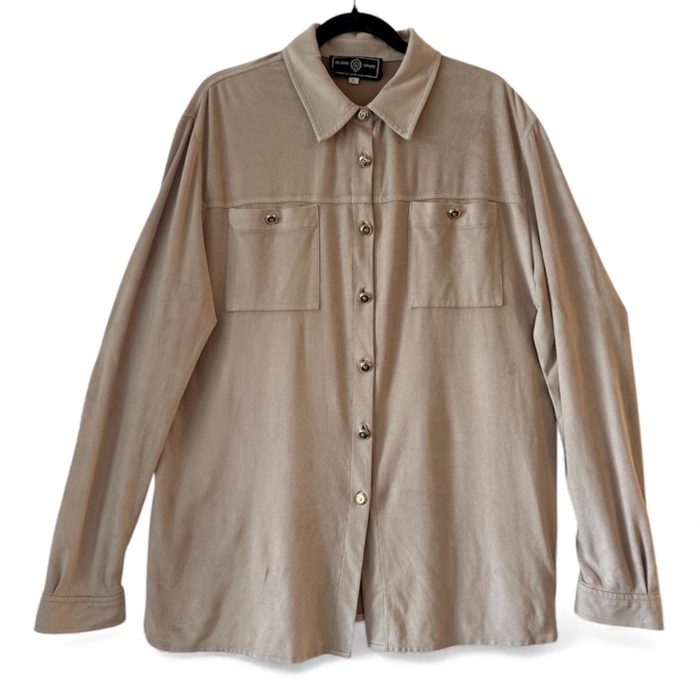 Vintage St. John Sport L Faux Suede Shirt Jacket Tan Gold SJ‎ Logo Buttons